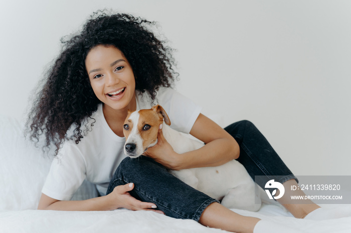 Horizontal shot of glad Afro woman rests in bed with dog, have playful mood, pose together in bedroom against white background. Girl relaxes at home with jack russell terrier. Sweet funny moment