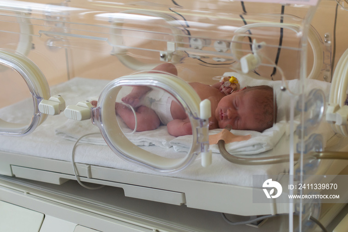 Premature newborn baby in the hospital incubator. Neonatal intensive care unit