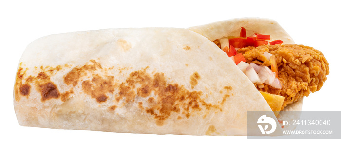 Breakfast Wrap isolated on white background, Breakfast burritos with chicken and tomato in a tortilla wrap on white background With clipping path.