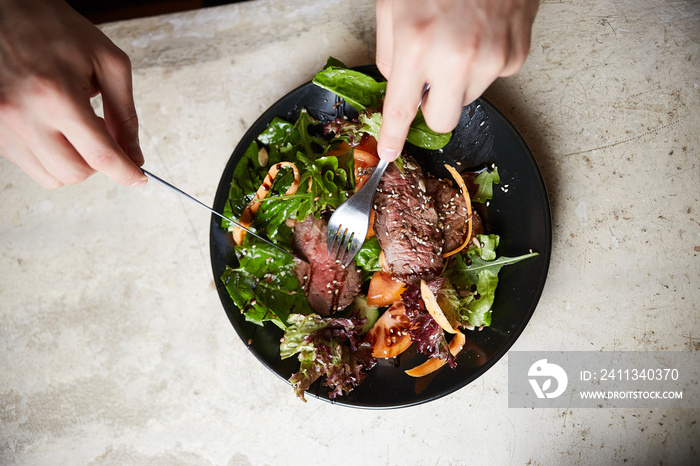 Steak Salad with Grilled Beef, rukkola, carrot and seeds