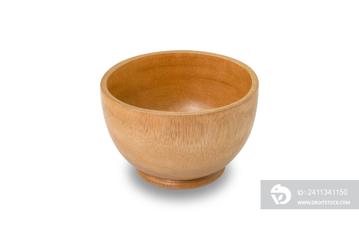 Closeup empty wooden bowl isolated on white background. Clipping path.