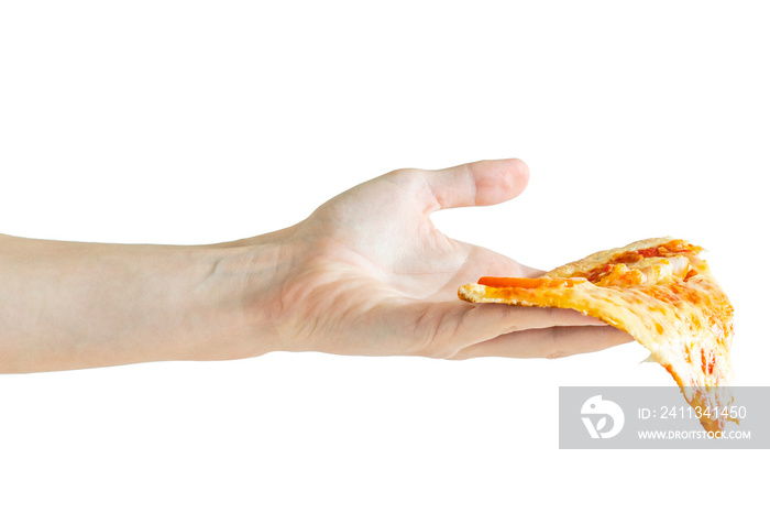 A very thin slice of pizza in men’s hand isolated on a white background