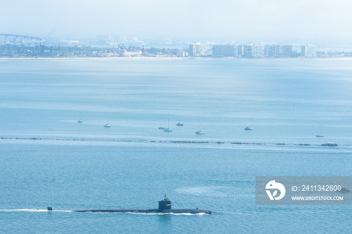 American submarine leaving naval base in San Diego harbor, California