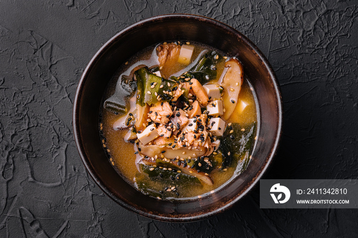 Traditional miso soup with wakame seaweeds