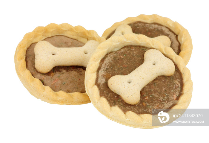 Novelty dog treat tarts decorated with a bone shape biscuit isolated on a white background