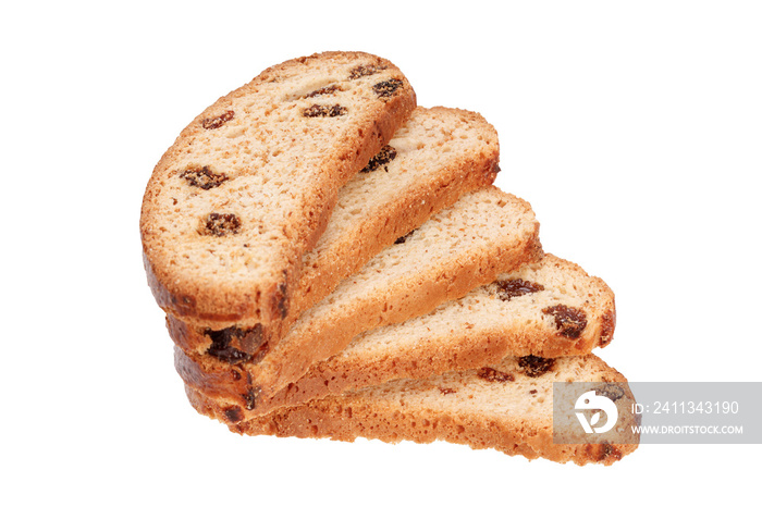 stack of rusks with raisins isolated on white background.