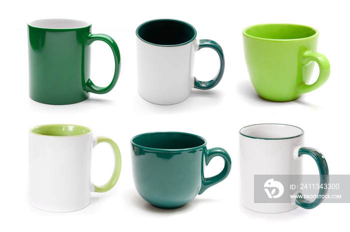 Set of different green cups isolated on a white background