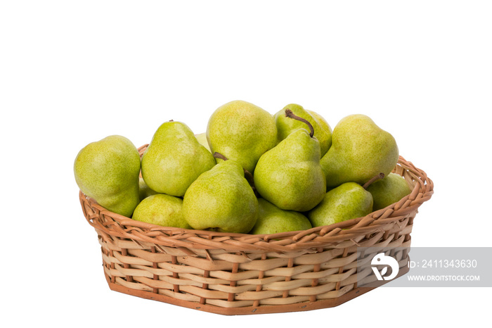 pears in wicker basket on isolated white background