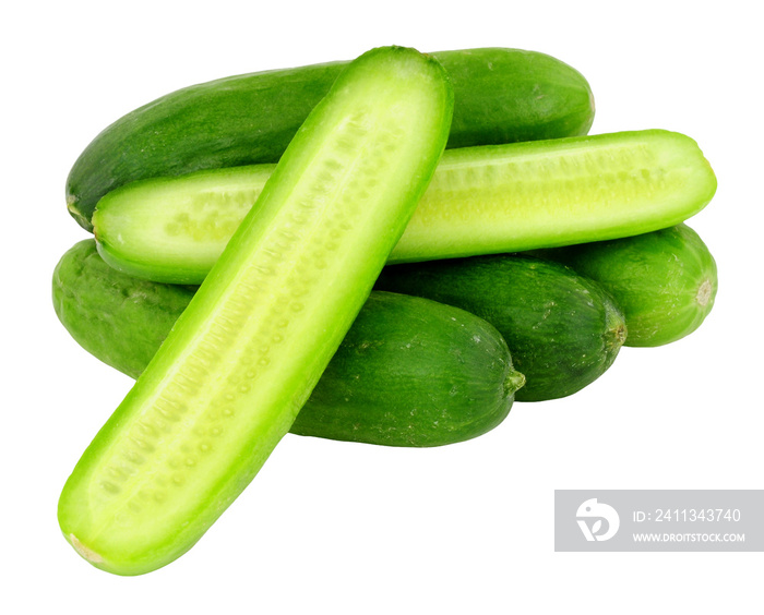 Group of small baby cucumbers isolated on a white background