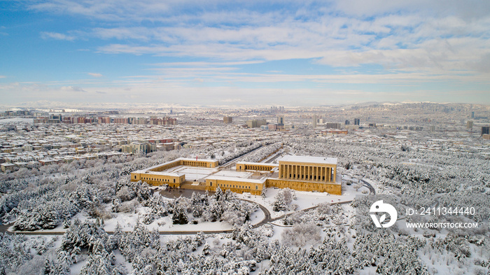 Aerial view of Anitkabir - Mausoleum of Ataturk, Ankara Turkey in winter time . Is the mausoleum of Mustafa Kemal Ataturk