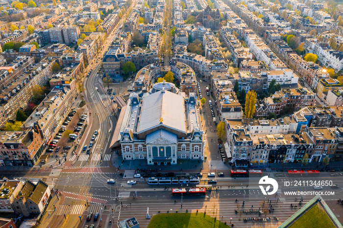 Aerial view of the famous Concertgebouw in Amsterdam, Netherlands. Concertgebouw is considered one of the finest concert halls in the world.