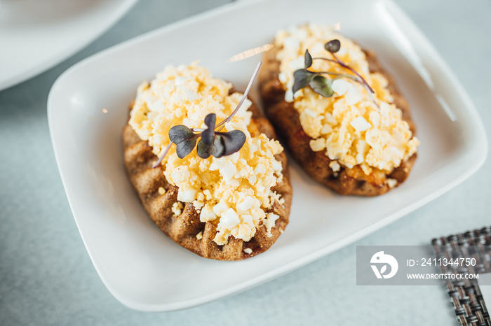 Close up view on Karelian Pie on bright plates