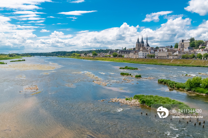 Blois in France, panorama of the city, with the Saint-Nicolas church and the river Loire