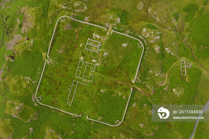 Aerial of Hardknott Roman Fort is an archeological site, the remains of the Roman fort Mediobogdum, located on the western side of the Hardknott Pass in the English county of Cumbria