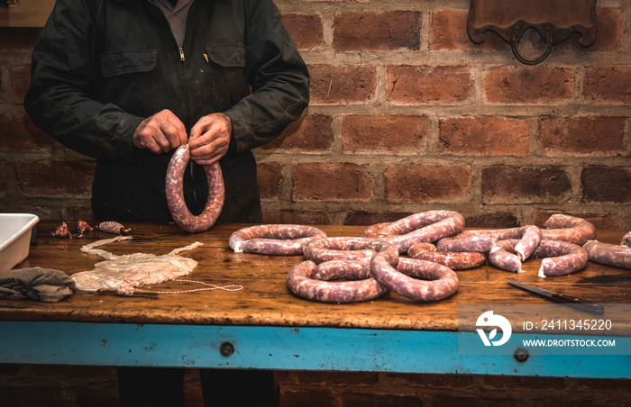 Handmade sausage preparation, Argentine tradition, Pampas, Patagonia