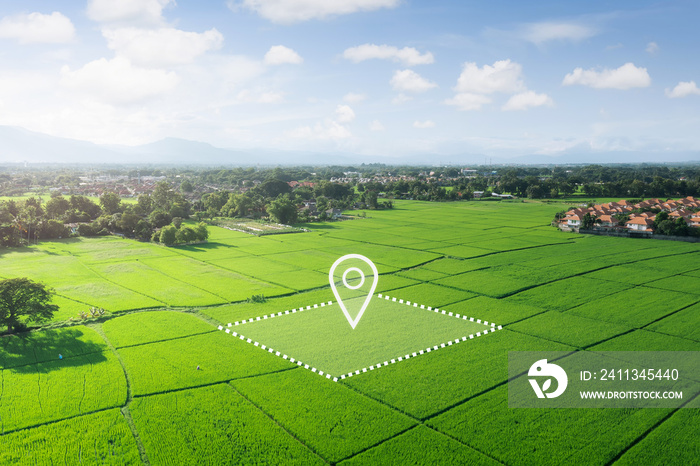 Land plot in aerial view. Identify registration symbol of vacant area for map. That property, real estate for business of home, house or residential i.e. sale, rent, buy, purchase or investment.