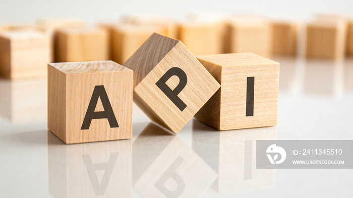 three wooden blocks with the letters API on the bright surface of a gray table, business concept