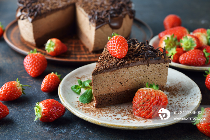 Chocolate cake decorated with strawberries