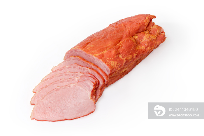 Partly sliced boiled-smoked pork loin on a white background