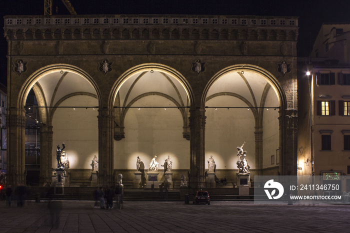 Night view of Loggia dei Lanzi in Piazza della Signoria square in Florence, Italy