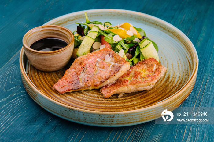 Grilled Red Snapper fish fillets and fresh vegetable salad