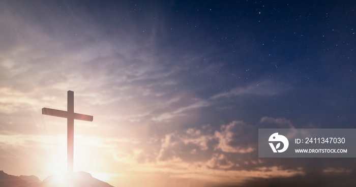 Jesus christ crucifix cross on heaven sunrise concept christmas catholic religion, forgiving christian worship god, happy easter day, praying praise good friday sunrise background, bible gospel sunday