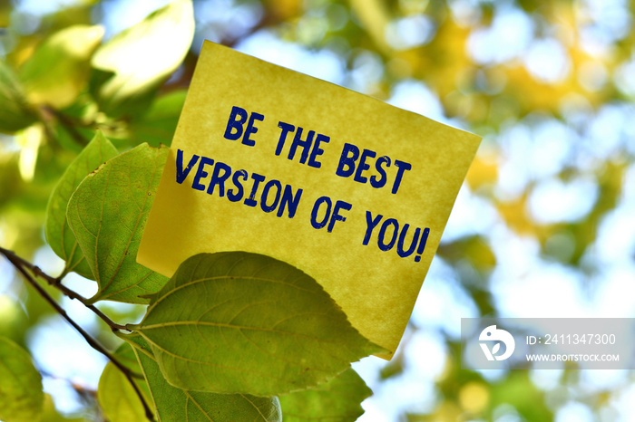 Word writing text Be The Best Version Of You. Business photo showcasing going to move away from where are start improving Piece of square paper use to give notation on tree leaf under sunny day