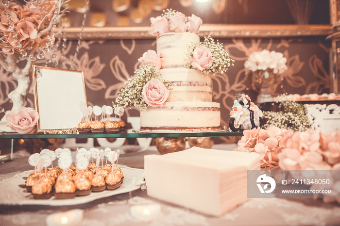 Luxury candy bar with huge arrenge of  desserts and candies, wedding cake