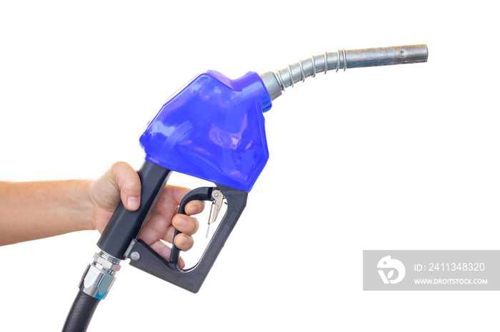 Blue oil dispenser, Blue fuel nozzle hand holding isolated on white background.