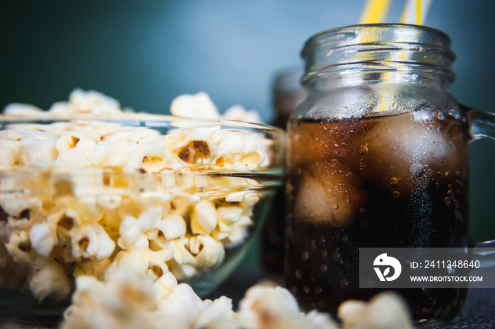 misted bottles of Cola with ice and fresh kettle corn