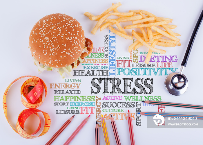 Stress the inscription on the table. Healthy diet, lifestyle, bo