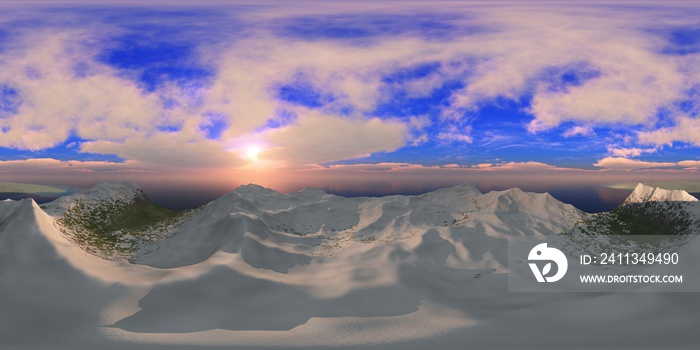 Mountain landscape, sunrise in the mountains,  HDRI, environment map , Round panorama, spherical panorama, equidistant projection, panorama 360, 3d rendering