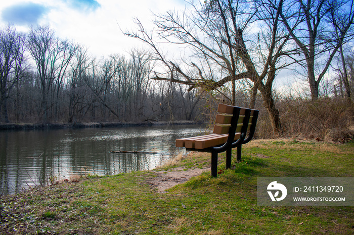 An Orange Empty Wooden Park Bench On Green Grass With a Blue River and Trees in the Background