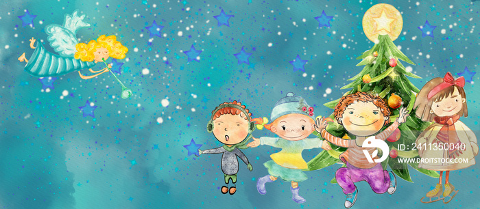 Happy children with Christmas tree and angel. Watercolor background