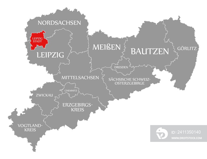 Leipzig City red highlighted in map of Saxony Germany DE