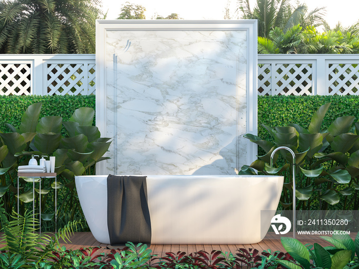 Luxury outdoor bathrooms surrounded by nature 3d render,  There is a wooden floor ,White marble wall backdrop,furnished with white bathtub.