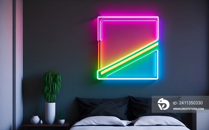 Photo of a modern bed with a vibrant neon sign hanging above it