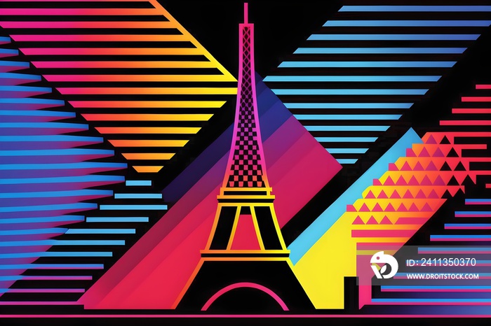 Eifel tower in retro synthwave pattern neon vibrant background