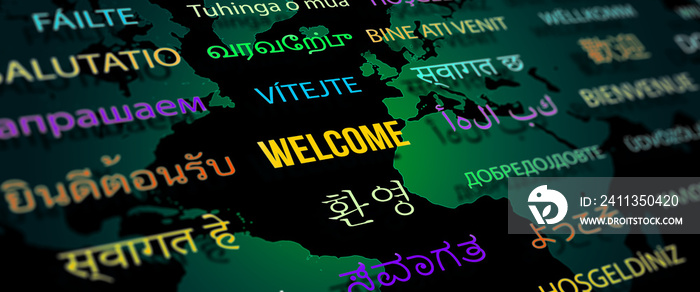 Welcome in different language with world map background. Depth of field image. Words cloud concept.