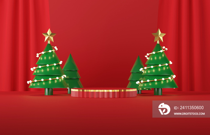 3D Christmas Xmas podium or stage. mock-up stand product scene red Christmas Xmas background. 3d podium stage illustration render. pine tree