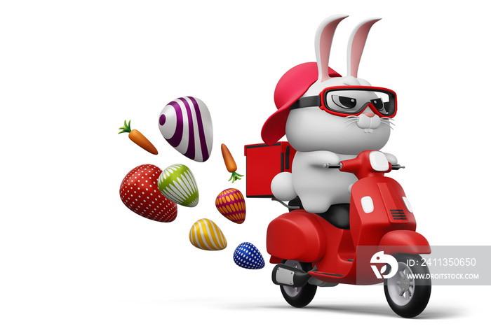 Happy easter day, rabbit delivery, cute bunny with colorful egg, 3d rendering