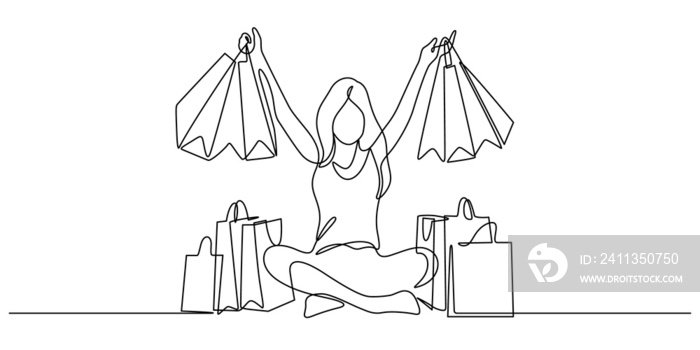 woman celebrating with shopping bags continuous line