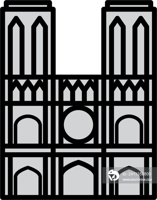 outline simplicity drawing of notre dame cathedral landmark front elevation view.