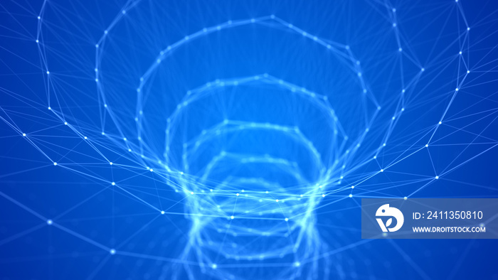 Technology wireframe tunnel on white background. Futuristic 3D wormhole. 3d rendering.