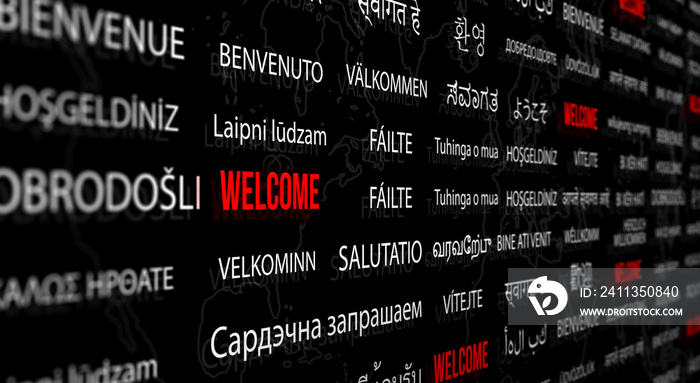 Welcome in different language with world map background. Depth of field image. Words cloud concept.