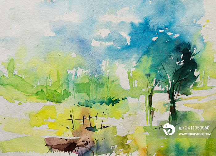 Nice abstract watercolor painting of trees at field. Hand painted watercolor illustration.