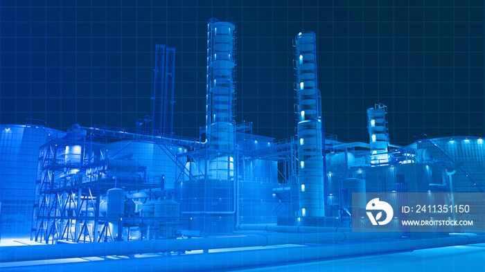 Blue theme digital wireframe scan view from infrarad camera view building scan in the dark in oil refinery factory building , 3D rendering for background composite.