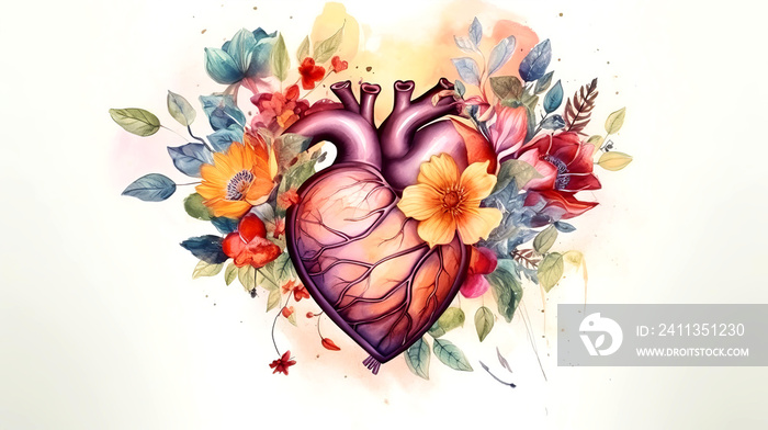 Human heart with flowers and leaves. Watercolor style.