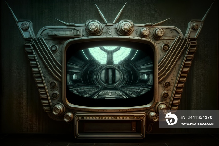 Retrofuturistic vintage television screen sci-fi cyberpunk design for future environments