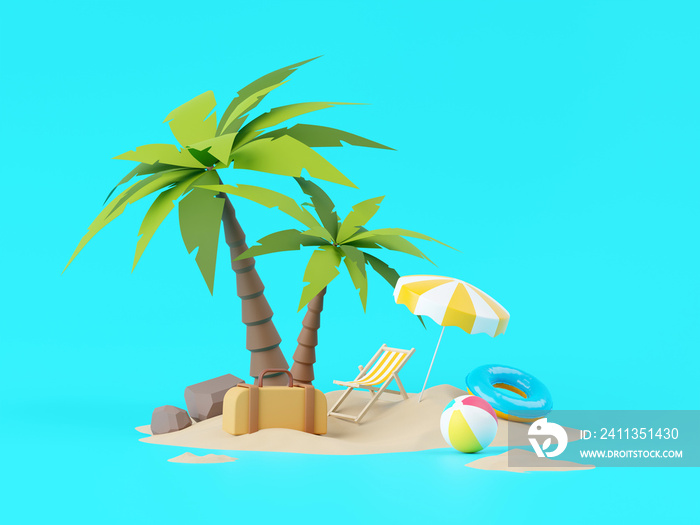 Summer vacation beach abstract background concept, Minimal Realistic Display Podium for Product mock-up or Cosmetics with summer theme, beach umbrella, sand, chairs, inflatable ring. 3d rendering